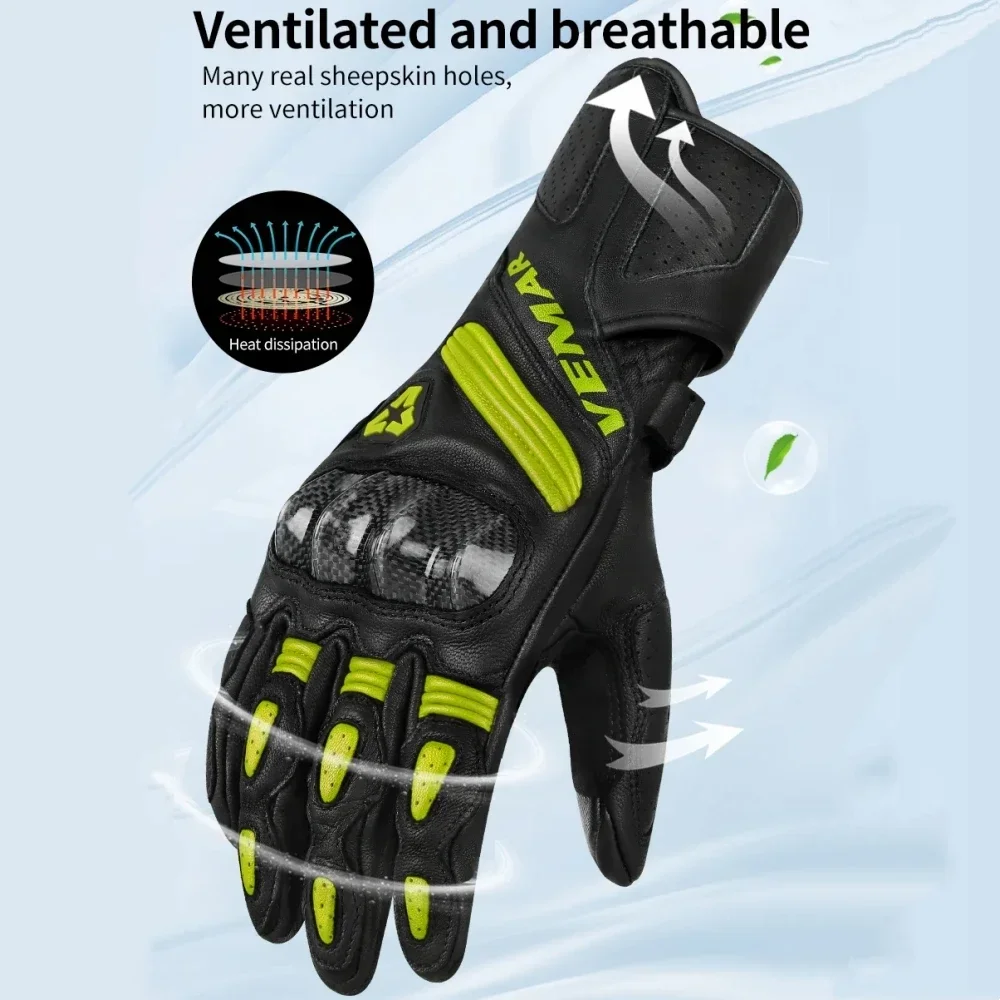 

VEMAR Leather Soft Motorcycle Gloves Breathable With Holes Goat Gloves Double Finger Touch Screen Carbon Fiber Shell Gloves