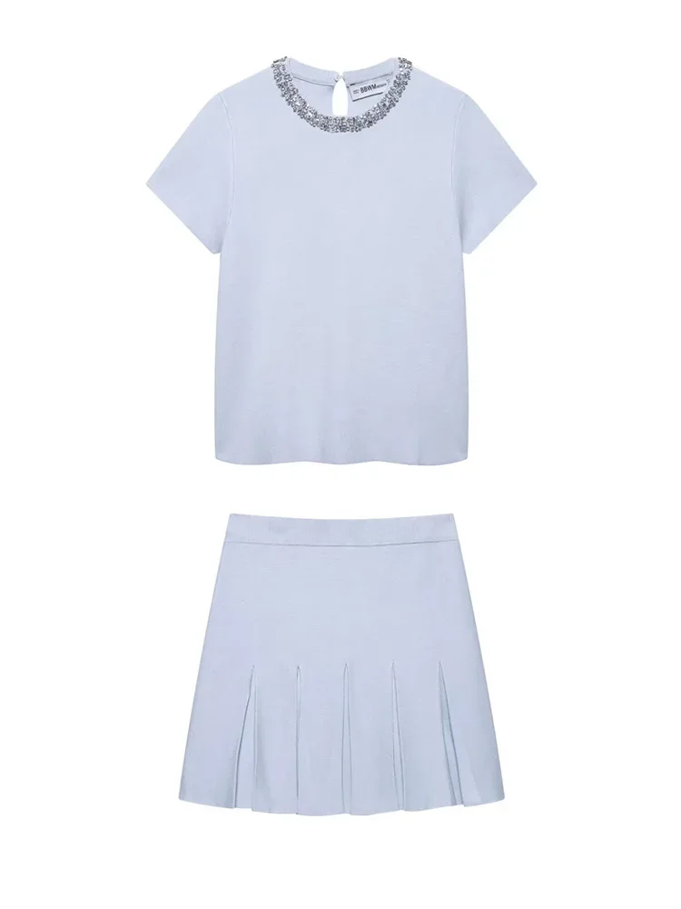 

Модные комплекты из 2 предметов с жемчугом, синий свитер и винтажная мини-юбка с эластичной резинкой на талии, женский шикарный комплект женских юбок