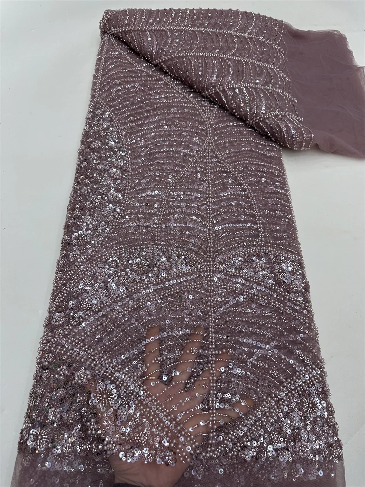 高級アフリカフレンチチュールレース生地 2025 高品質ビーズナイジェリアスパンコールレース生地ウェディングドレス縫製