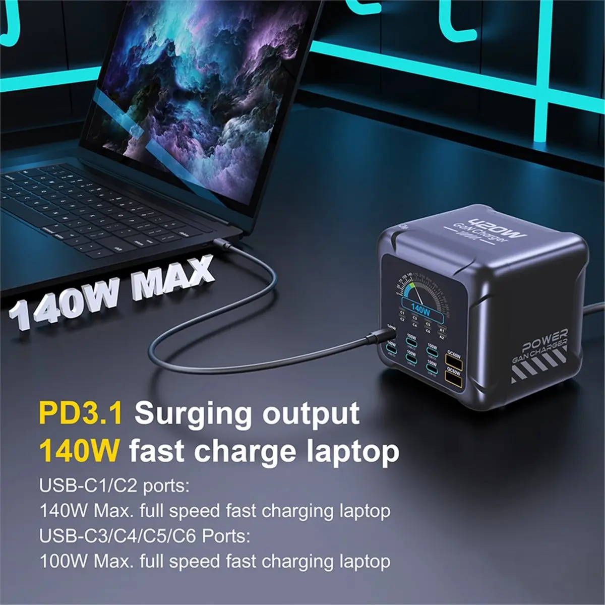 (DT37) 420W GaN Charger PD3.1 140W USB Type C Charger Digital Display Fast Charging Station Fast Charger US Plug