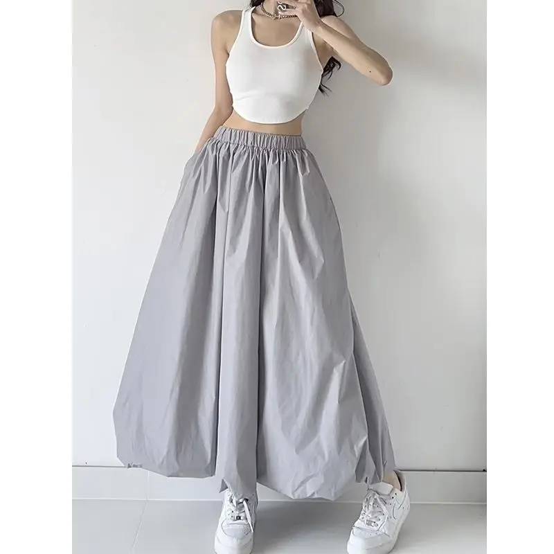 Elastic Waist Solid Loose Pleated Lazy Style Sport Skirts Summer Simplicity High Street Midi Dress Casual Fashion Women Clothing