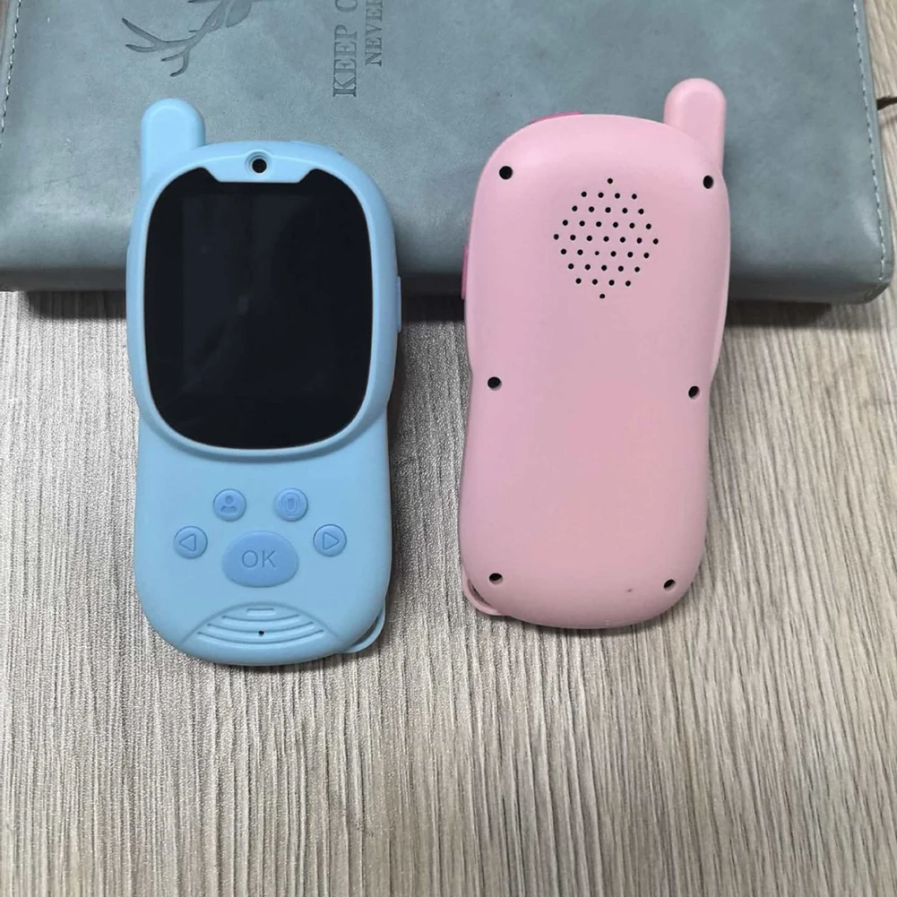 Walkie Talkie Video Mini untuk Anak-anak Biru Pink Lucu Interkom Video Isi Ulang Pengubah Suara Menyenangkan dengan Layar Besar 2.0-inci