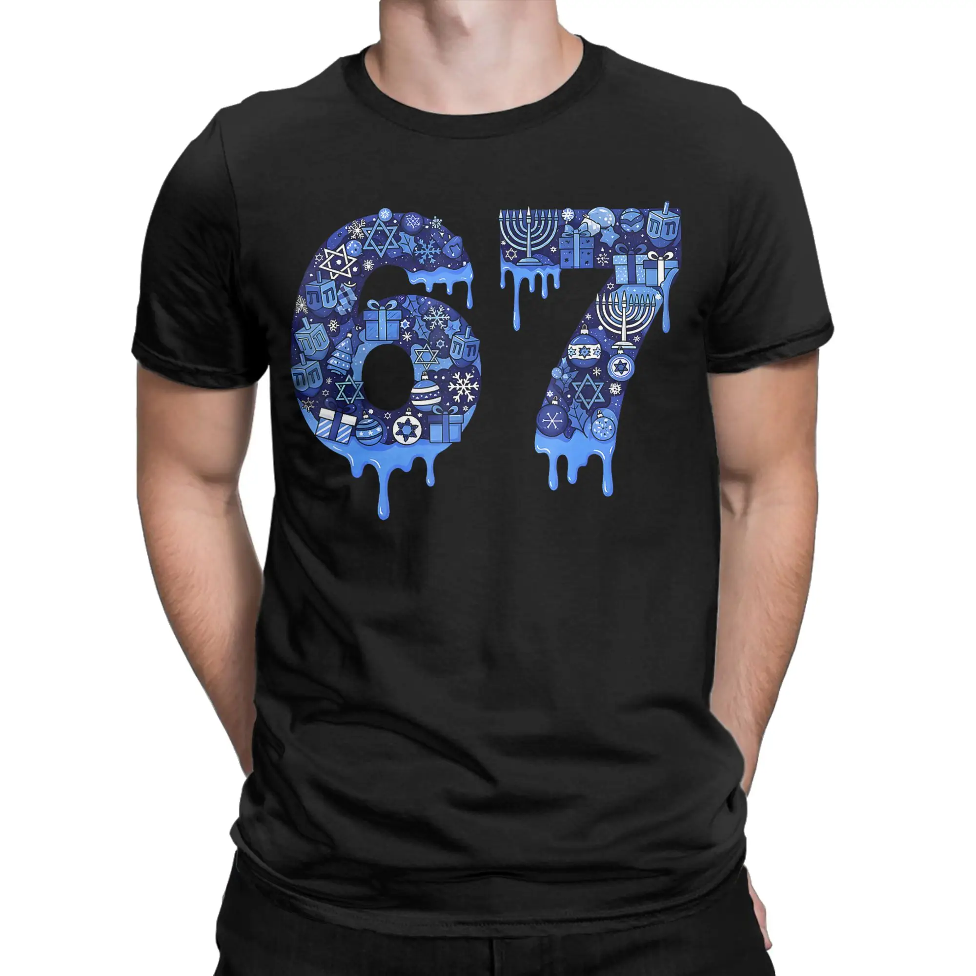 Funny 67 Six Seven 6 7 Happy Hanukkah Jewish Chanukah T-Shirt Summer  100% Cotton T Shirts For Men's Tee Shirt Short Sleeve Tees