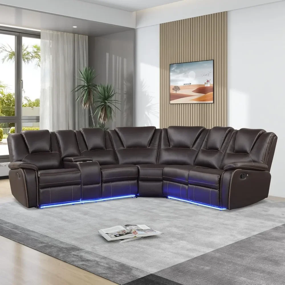 

Faux Leather Manual Reclining Sectional Sofa with Center Console and LED Light Strip,Symmetrical Corner Motion Couch2Cup Holders