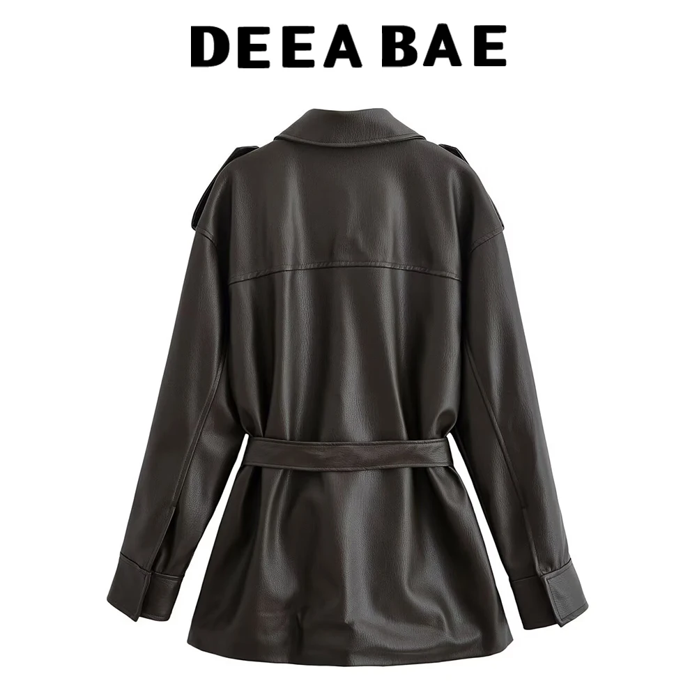 DEEABAE 秋の新製品 レディース ルーズ ブライトレザーテクスチャージャケットコート バイク用ベルト付き衣類 レザージャケット