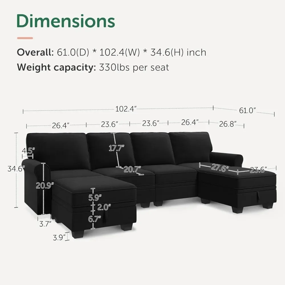 Sectional Sofa with Storage Seat Velvet U Shaped Sectionals Couch with Reversible Chaise Convertible Sectional Couches