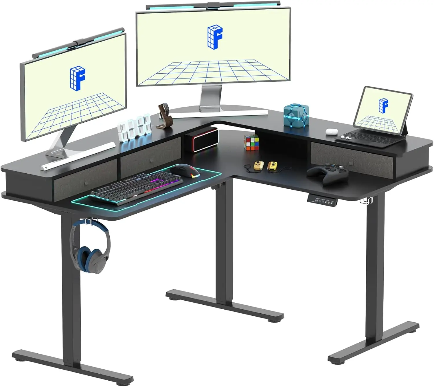 FLEXISPOT 55'' L Shaped Standing Desk Electric Corner Table with Monitor Shelf, 3 Storage Drawers, Adjustable Computer Workstati