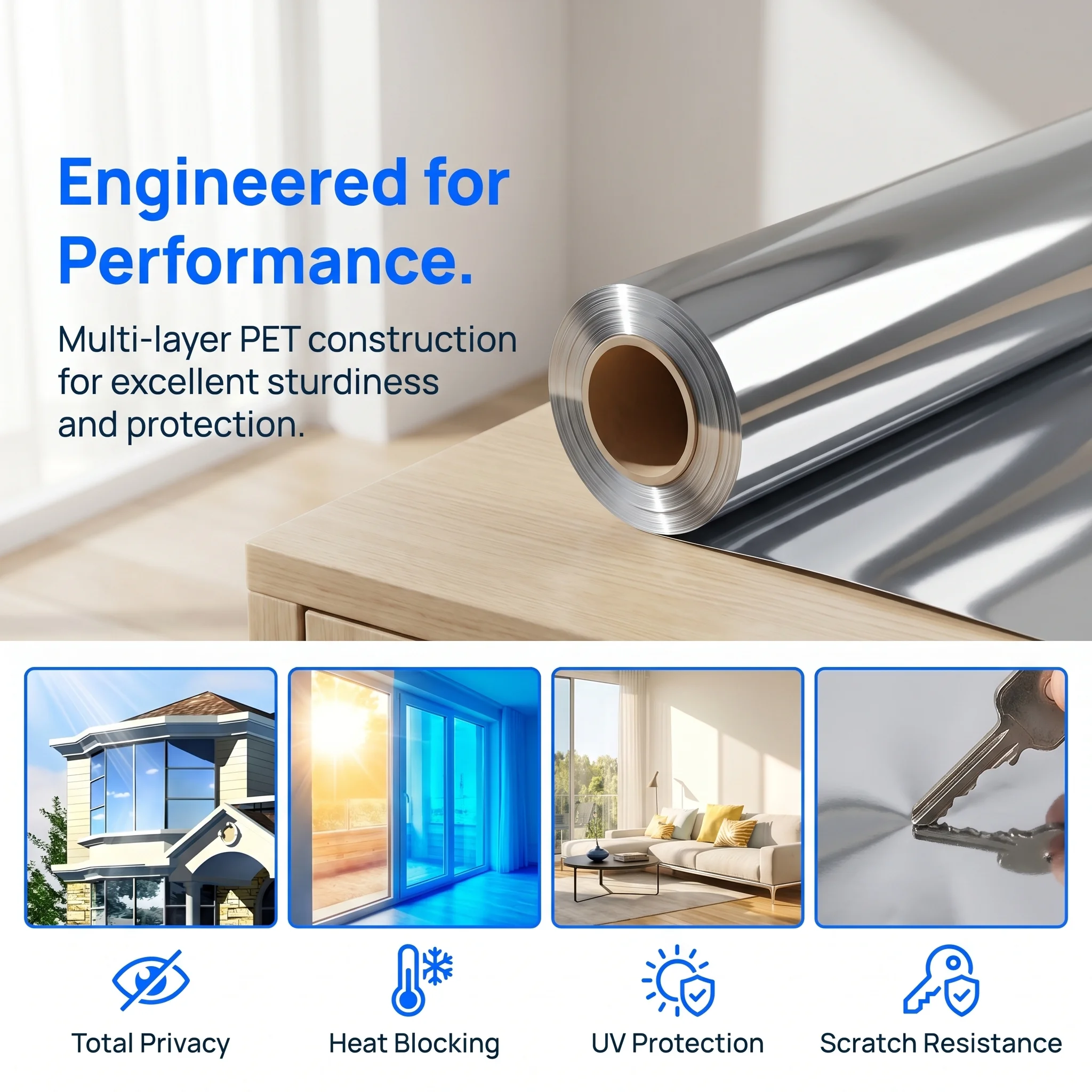 One Way Mirror Privacy Window Film Sun Protection Heat Control Static Cling Removable for Car Home Glass Door