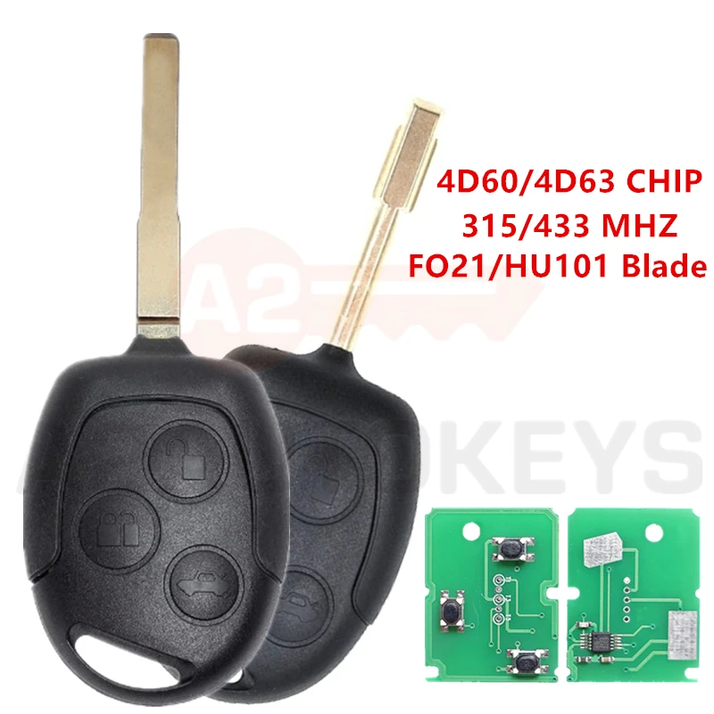 

A2AUTOKEYS 3 Buttons 315/433 MHZ 4D60/4D63 Chip Remote Car Key For Ford Mondeo Focus 2 Fiesta Fusion Transit HU101 FO21 blade