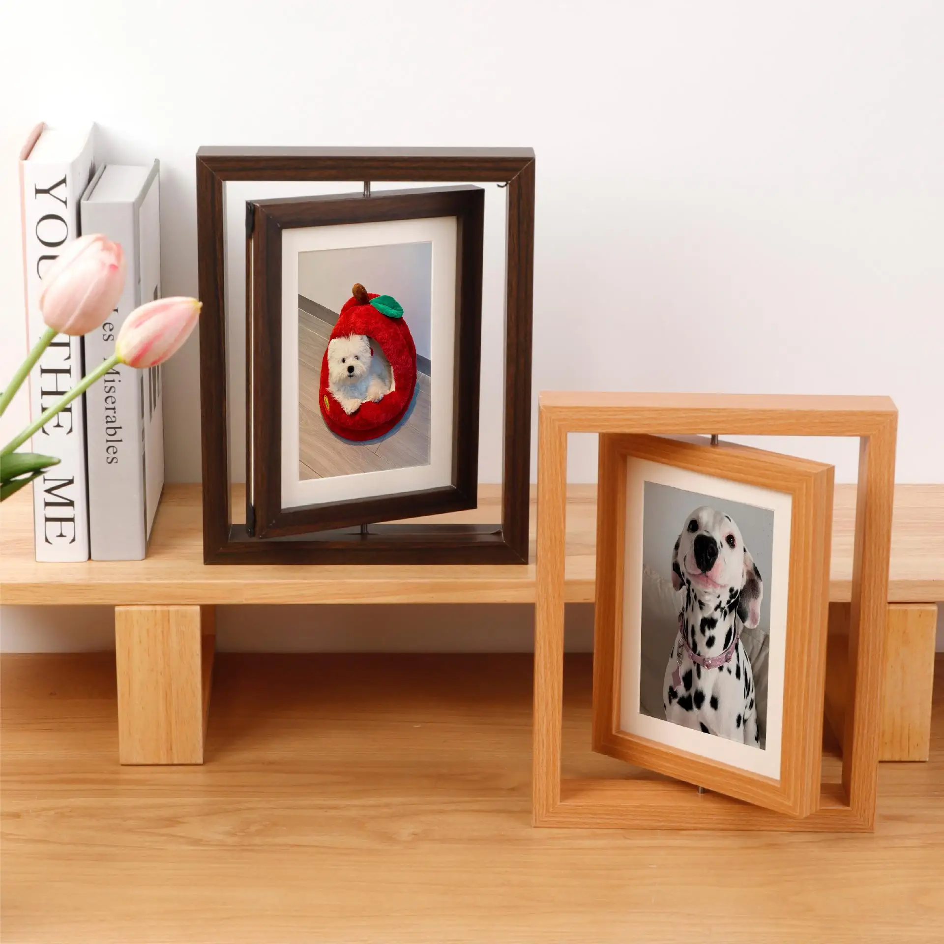 Double-sided rotating 7-inch wooden photo frame display stand. Handmade pet cat and dog paw print gift commemorative frame