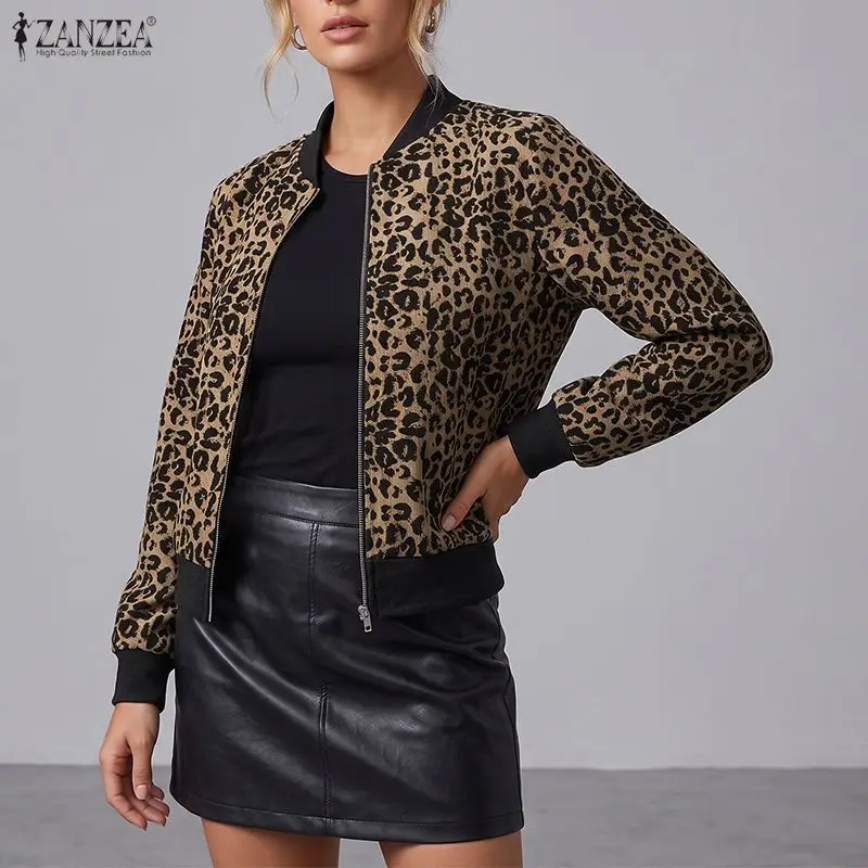 Autumn ZANZEA Women Jackets Leopard Print Zip Up Bomber Jackets Long Sleeve Casual Thin Coat Tops Streetwear Blusas Oversize