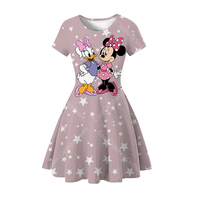 MINISO Disney Girl Dresses Summer 3D Cartoon Mickey Mouse Minnie Short Sleeve Cute Birthday Party Princess Dress Toddler Clothes