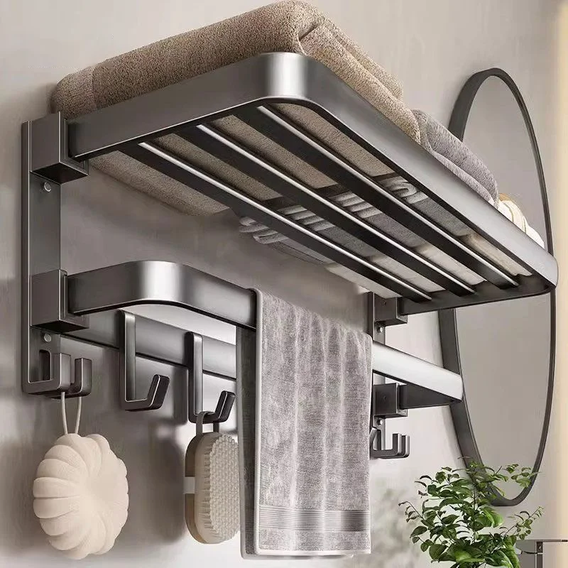 

1PC Premium Space Aluminum Wall-Mounted Bathroom Towel Rack - Double-Layer Shelf Design, Space-Saving Modern Shower Storage Rack