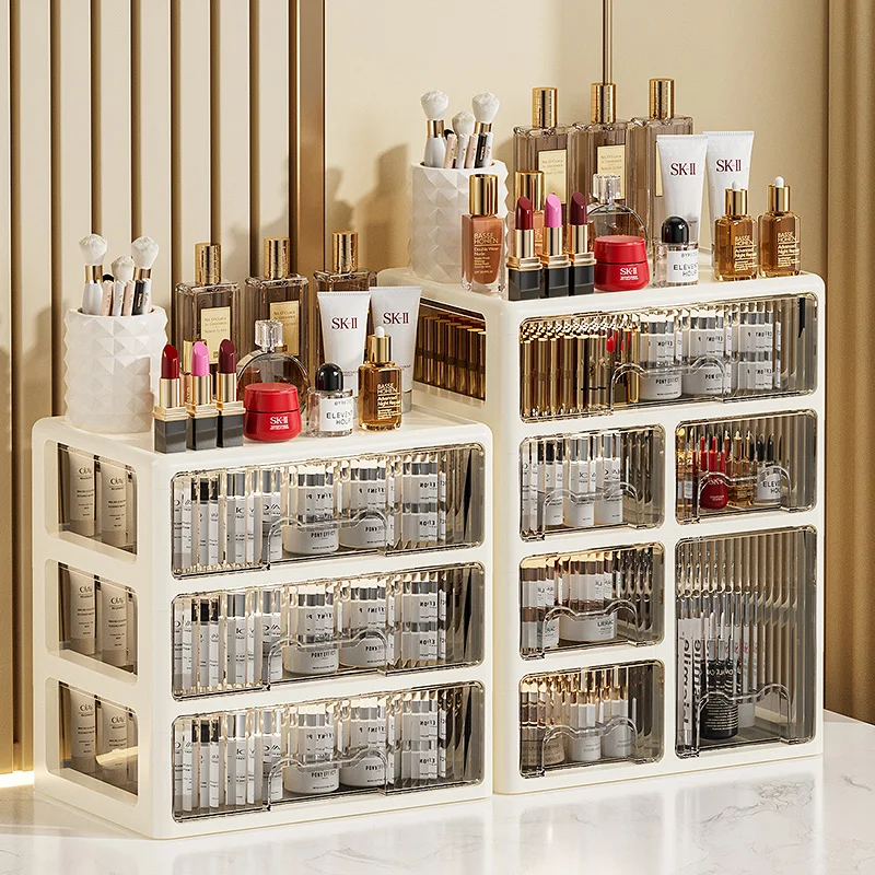 Cream Color Cosmetics Box,Multi-compartment Lipstick/Mask Organizer,Drawer Dresser for Skincare/Makeup Brushes,1–4 tiers