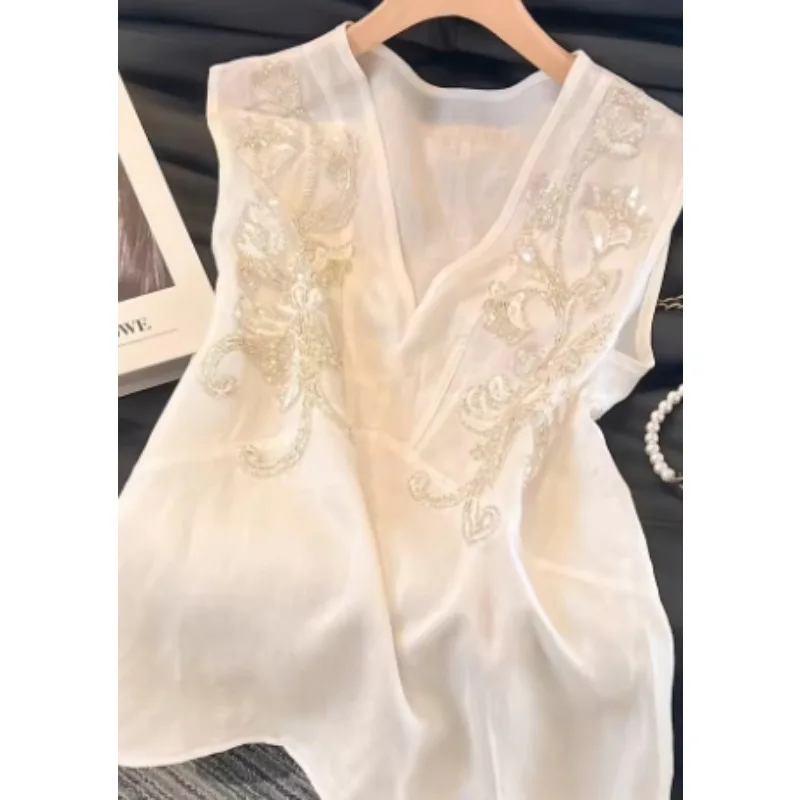 Solid Color Embroidery Beaded V-Neck  Women Tank Top Sleeveless Summer New Style Fashionable And Elegant Top Women Clothing