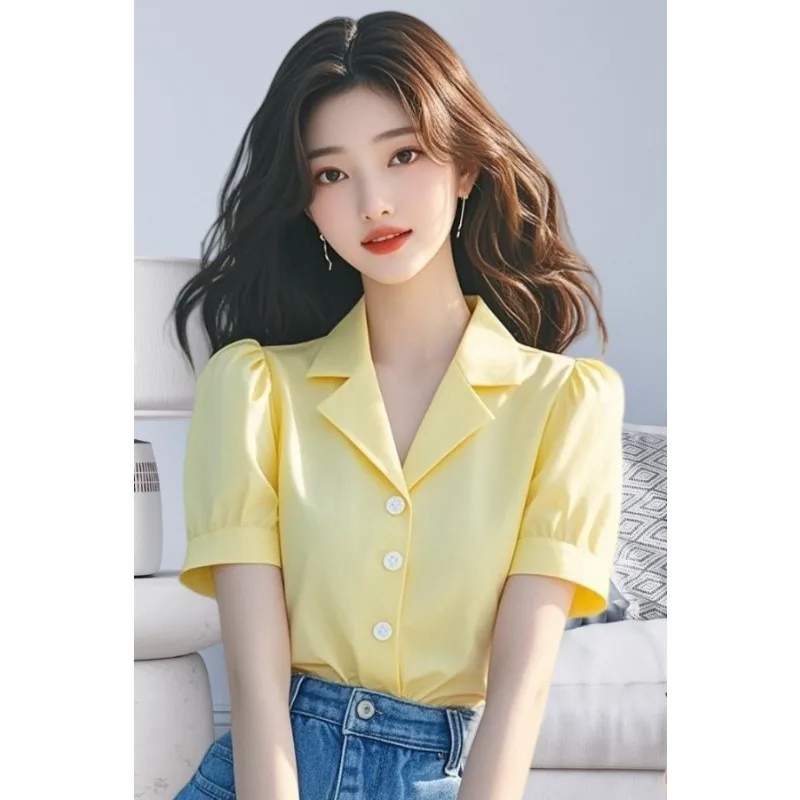 

Elegantly Designed Petite Blazer Collar Bubble Short Sleeved Top New Summer Vintage Temperament Simple Shirt
