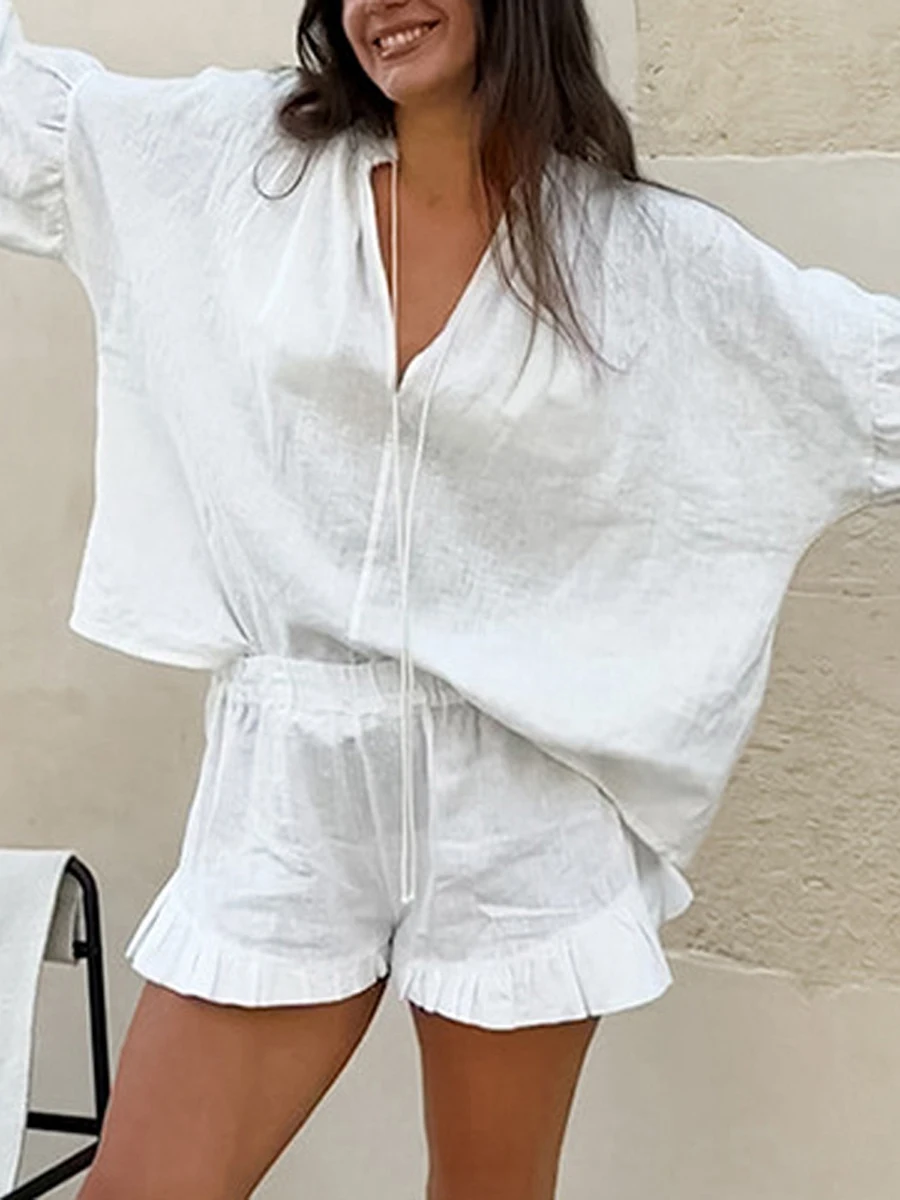 Women Summer 2 Piece Shorts Outfit Solid Color Long Sleeve Tie-Up V-Neck Shirts Tops Elastic Waist Shorts Clothes Set Loungewear