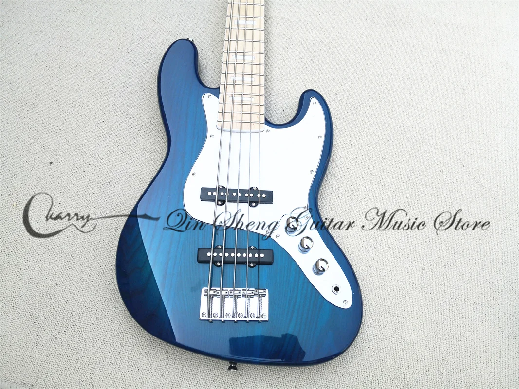 5-string electric bass guitar, JB blue bass, ash body, maple fretboard, fixed bridge, chrome knobs