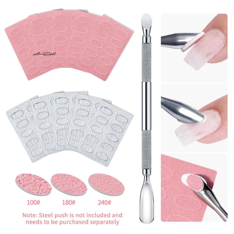 Juego de empujador de cutículas de uñas con papel de lija autoadhesivo 100 # 180 # 240 #   Herramienta de manicura prepulidora con recorte de lima escamoso, 5/10 hojas
