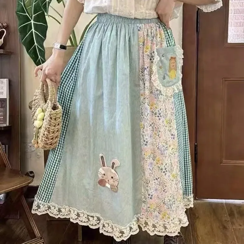 Cottagecore Floral Print Maxi Skirt Spring Summer High Waist Lace Ruffle Hem A Line Vintage Kawaii Plaid Long Skirts for Women