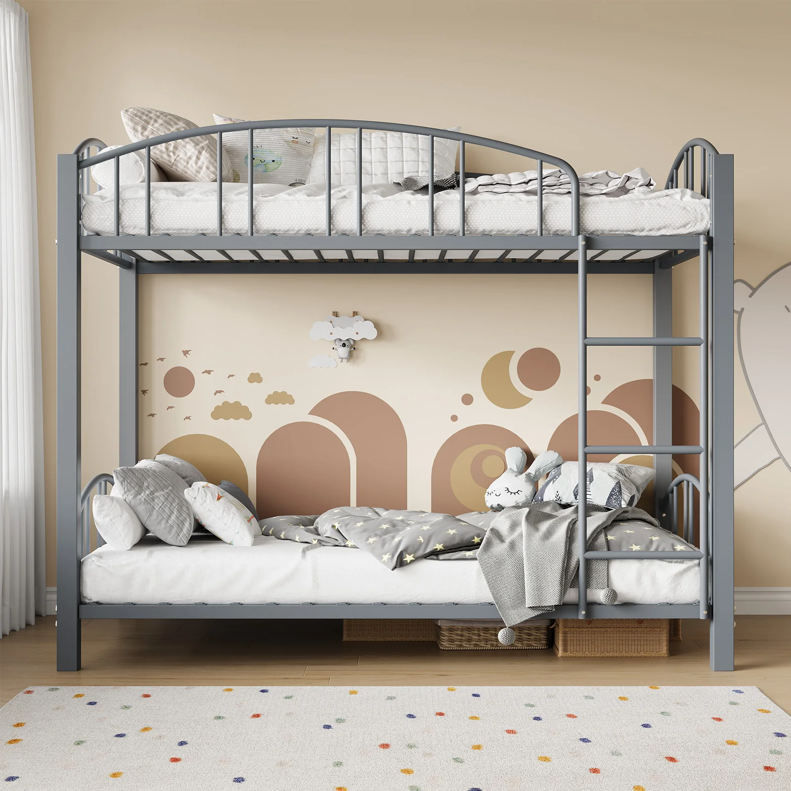 Space-Saving Heavy Duty Bunk Bed - Twin Over Twin Metal Frame - Arched Guardrail, Safety Ladder, Noise-Free - Ideal for Kids & Teens - No Box Spring Needed