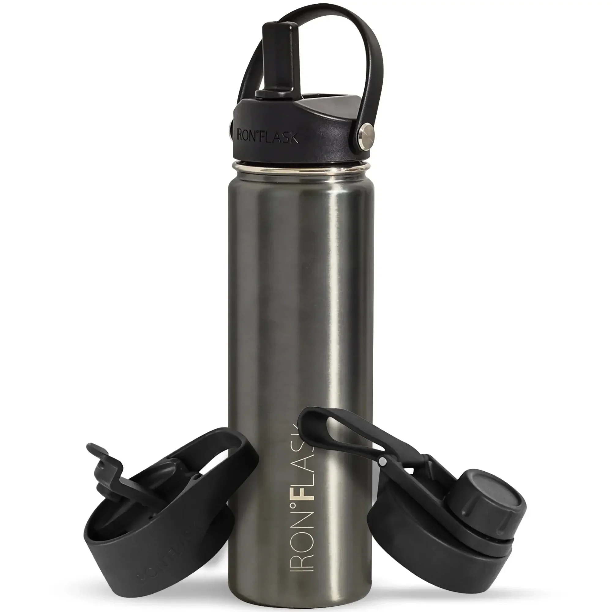 

(2 pack) Stainless Steel Water Bottle 22 oz Metallic Black with 3 Lids