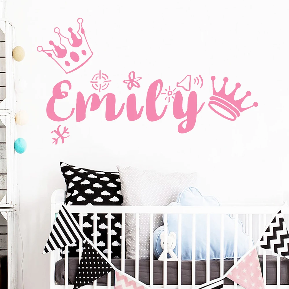 1 pc cool crown with flower Customized Name Wall Decal Art Vinyl Stickers For Kids Rooms Decoration Wall Art Decal