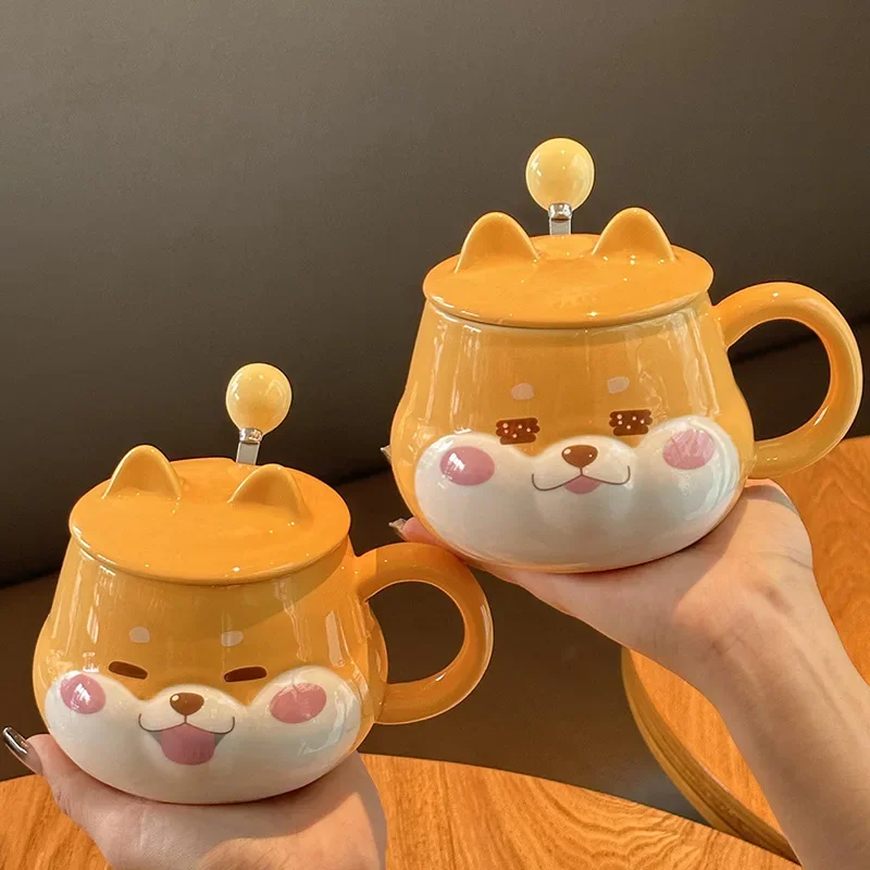 

Cute Shiba Inu Coffee Mug Cartoon Animal Ceramic Milk Mug Creative Ceramic Mug with Lid and Spoon Kitchen Drinking Utensils L2R0