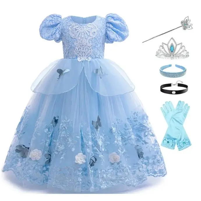

Girls Cinderella Cosplay Little Girls Blue Butterfly Lace Blue Dress Christmas Carnival Halloween Girls Birthday Party Princess