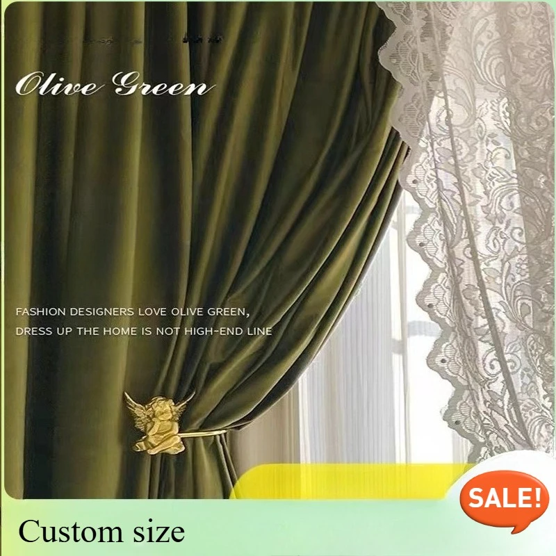 

French Grace Retro Olive Green Velvet Luxury Curtains for Living Room Bedroom Dining Villa Custom Size Partition door Decor