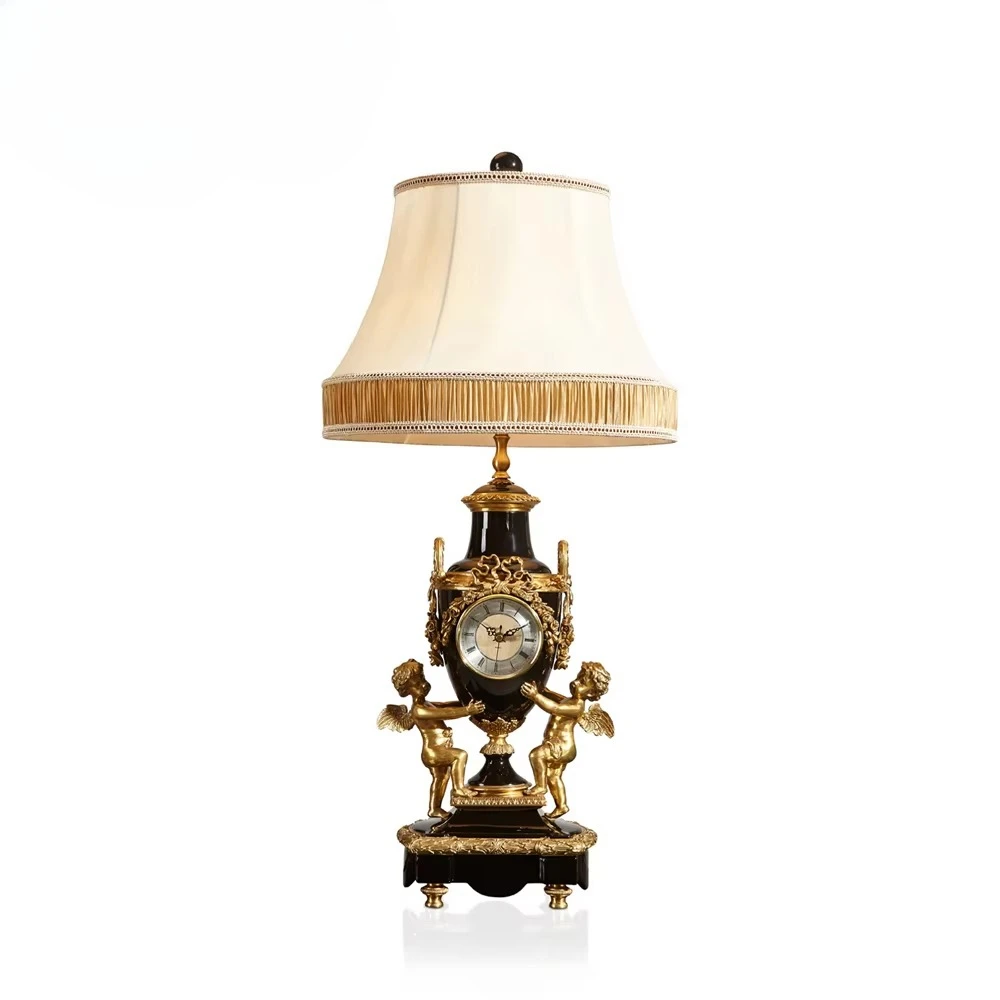 Classical American Style Black Porcelain Copper Angels Electric Table Clock Lampstand Lamp Decorative Cherubs Living Room Desk