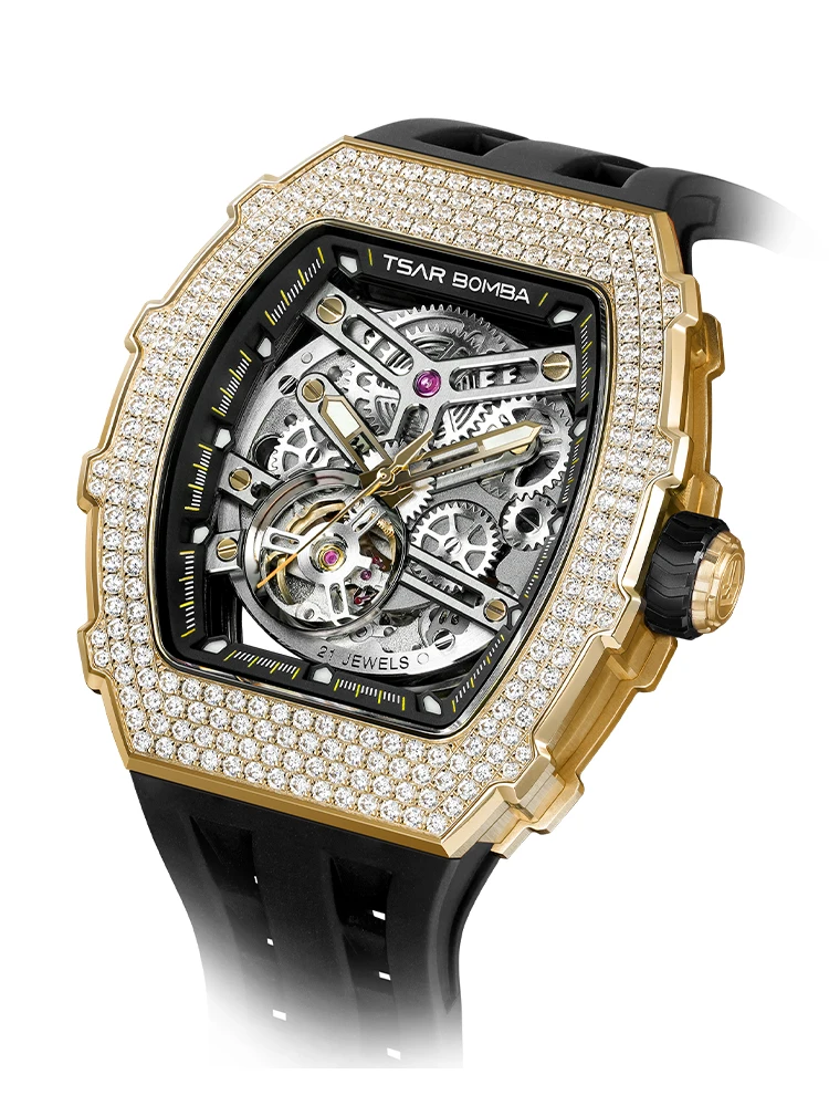 TSAR BOMBA Diamond Automatic Watch for Men Luxury Mechanical Wristwatch Sapphire Waterproof Skeleton Clock
