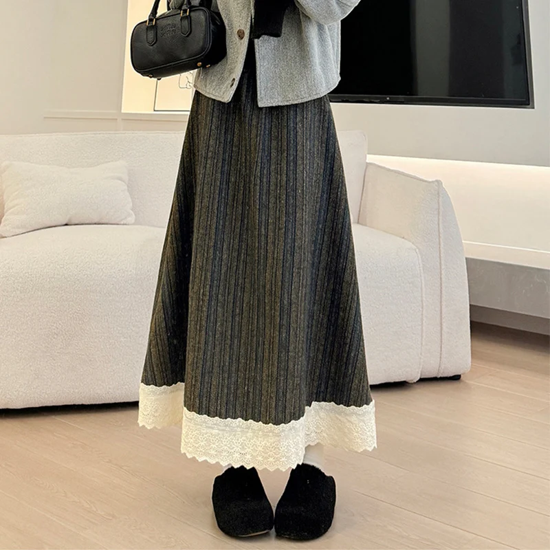

New Vintage Striped Long Skirt for Women Woolen Lace Patchwork A Line Skirts Autumn Casual Sweet High Waist Thicken Skirt Ladies