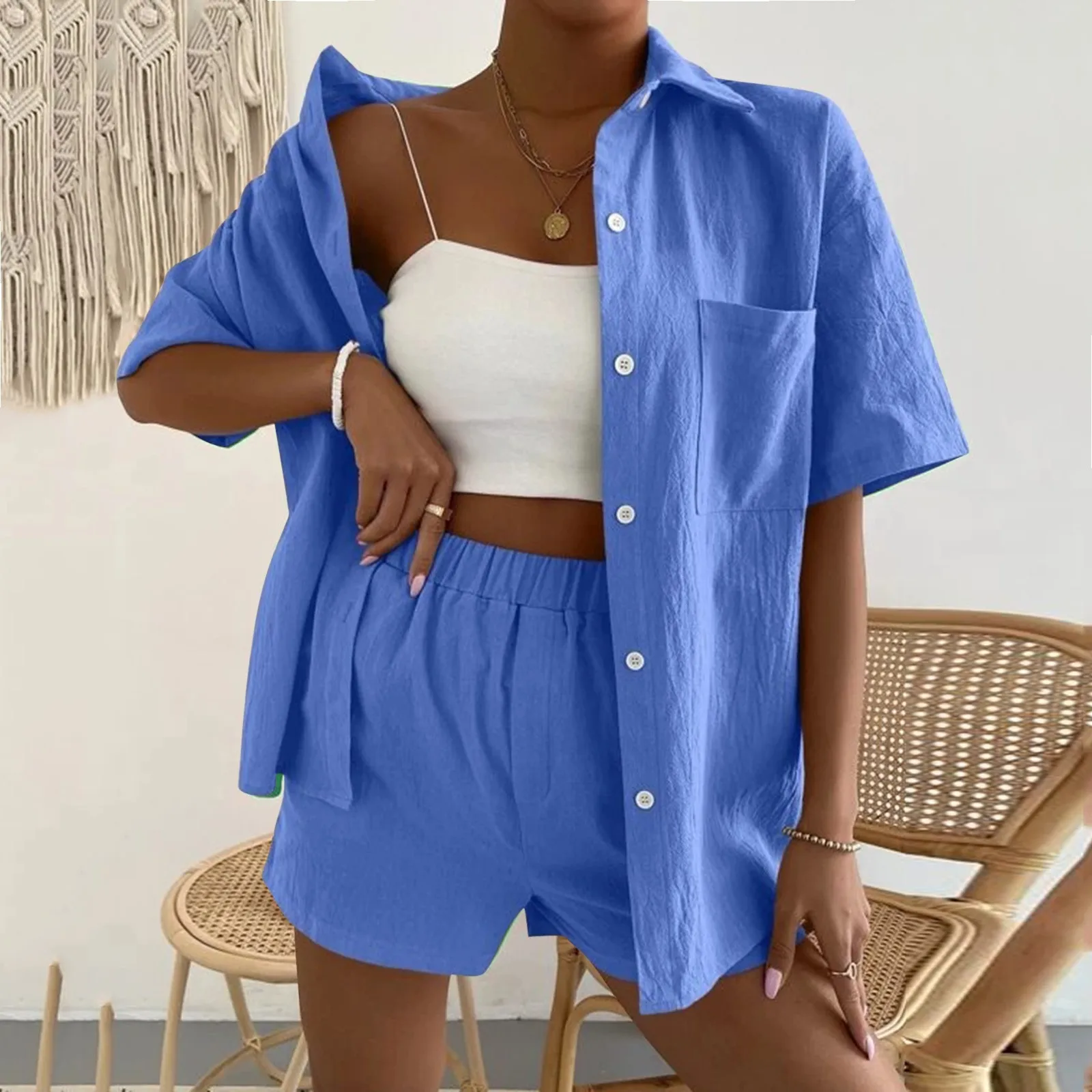 

Ladies Cotton Linen Fashion Suit Short Sleeves Solid Color Pocket Patch Shirt Shorts 2-Piece Leisure Set 2024 Hot Sale Outfits