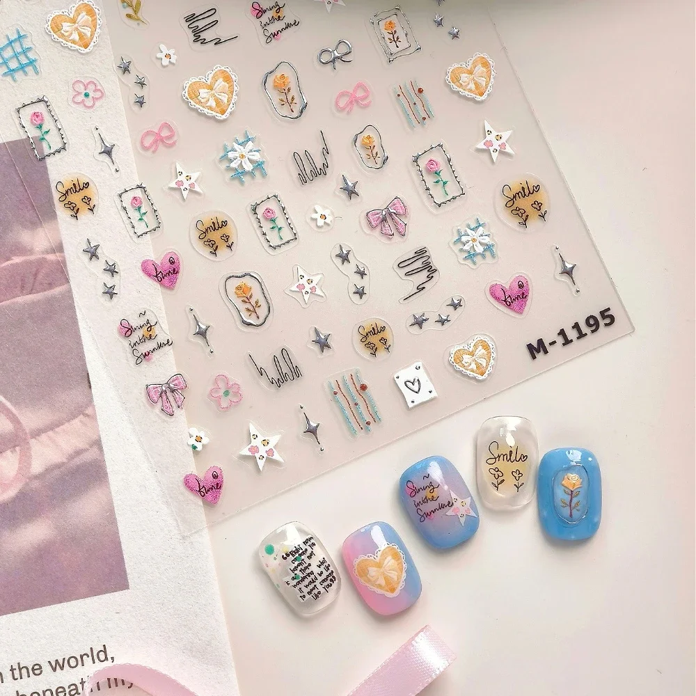 الفضة الملونة الكتابة على الجدران نجوم ارتفع Bowknot الحب النص خطوط 5D تنقش ذاتية اللصق مسمار الفن ملصقات جميلة ثلاثية الأبعاد مانيكير الشارات