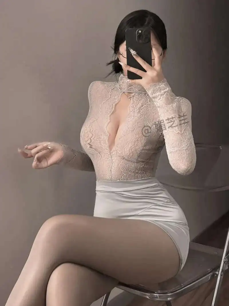 Lace Mesh Secretary Sheer Temptation Uniform Sexy Sexy Split Dress Elegant V Neck Sweet Fashion Sexy Korean Women Top GUM7