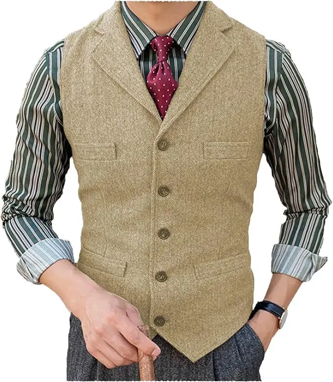 Mens Suit Vest Lapel V Neck Wool Herringbone Casual Formal Business Vest Waistcoat Groomman For Wedding