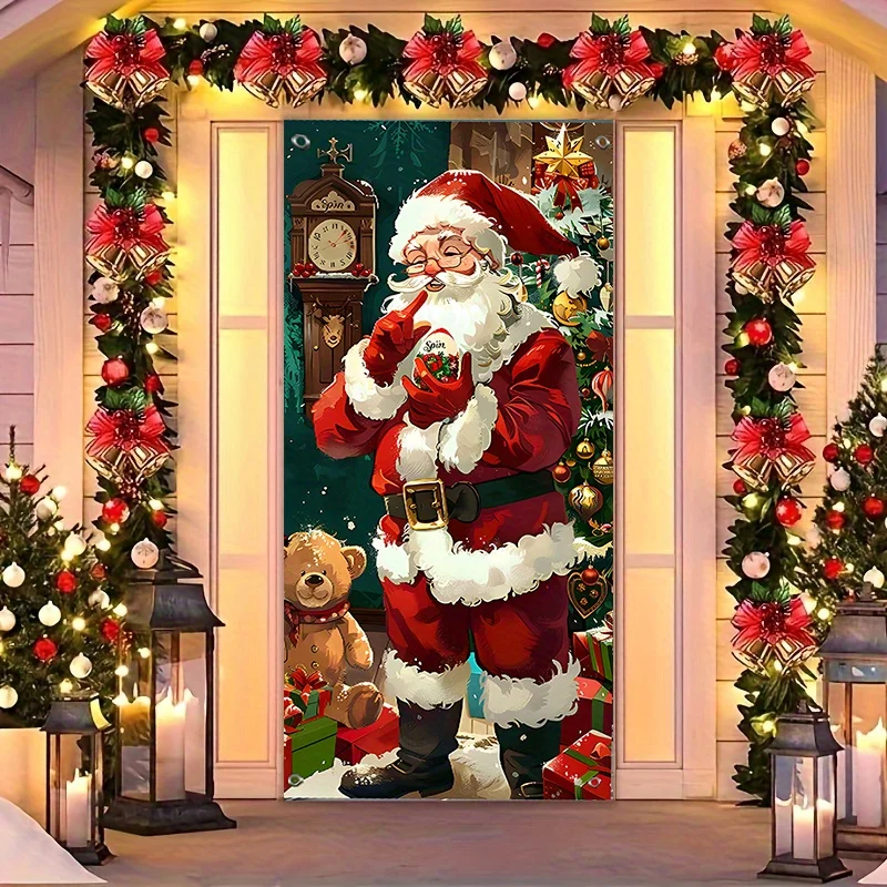 خطة ثنائية الأبعاد، تصميم ستارة باب العطلة الكلاسيكية لسانتا كلوز، أكاليل الزهور الحمراء والخضراء مع إضاءة ملونة