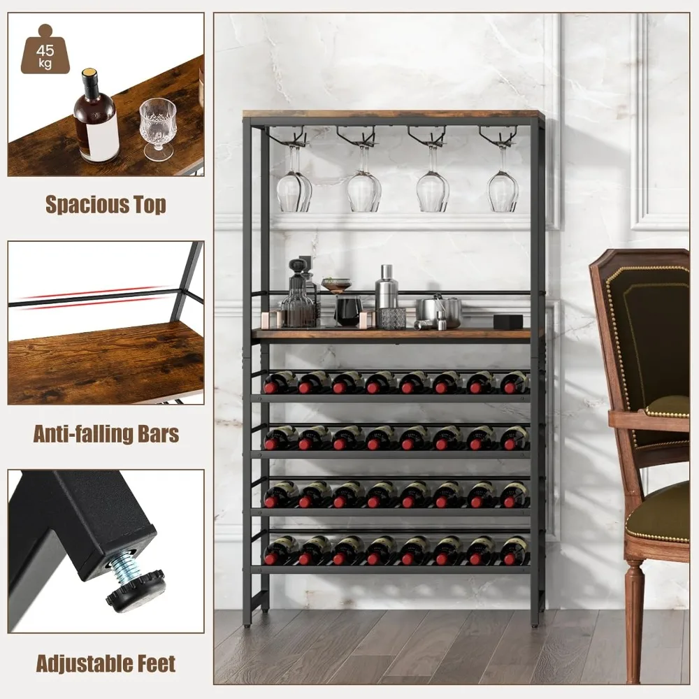 Multi-tier Wine Rack for 32 Bottles and 16 Glasses, Storage and Stemware Holder, Functional Wine Display Stand