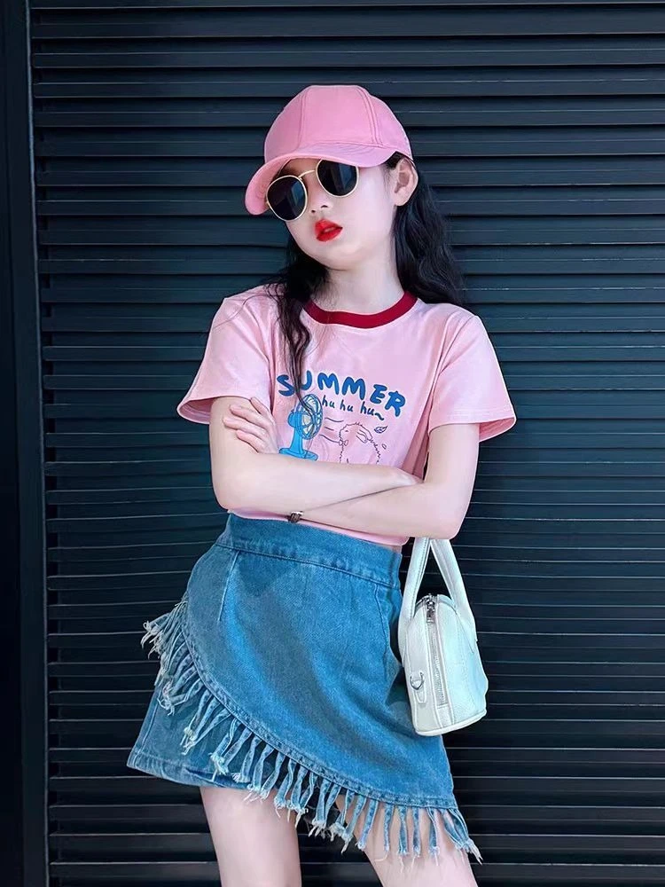 Girls Summer Clothes Set Cute Short Sleeve T-Shirt Denim Skirt 2 Piece Outfit Stylish Casual Wear for Big Kids Teen Girls