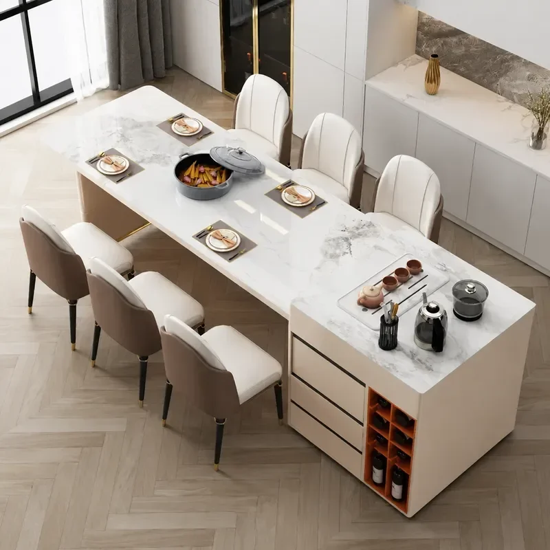 Retractable Island Table with Microwave and Induction Cooker Rock Slab Surface Compact Tea Table for Small Apartments