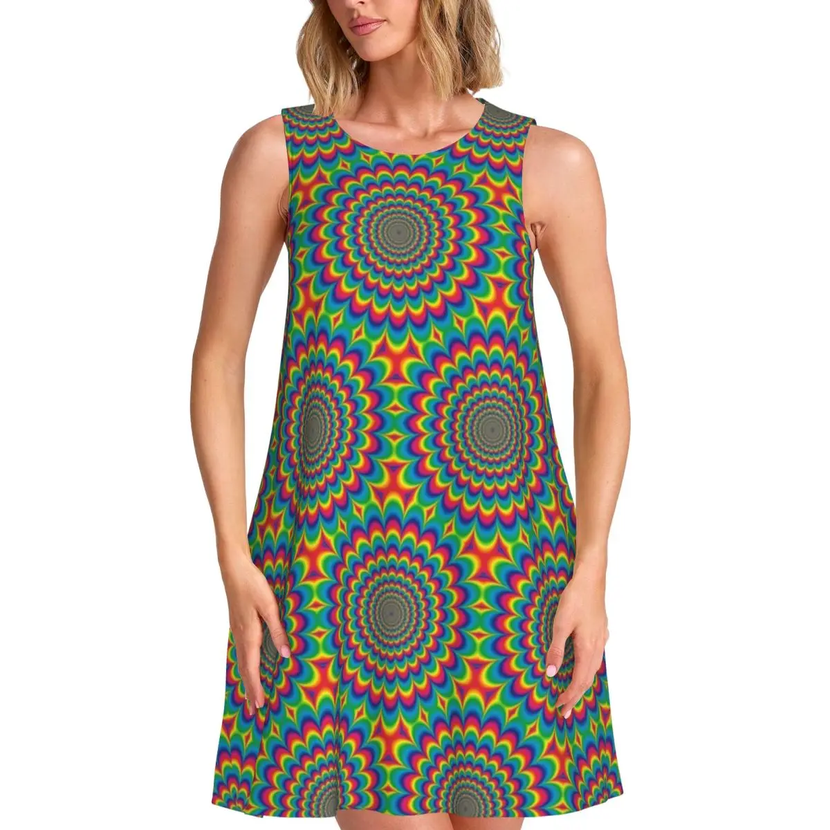 Psychedelic Sixties Tank Dress Hippie Style Sleeveless Modern Dresses Lady O Neck Street Wear Dress Date Print Clothing Present