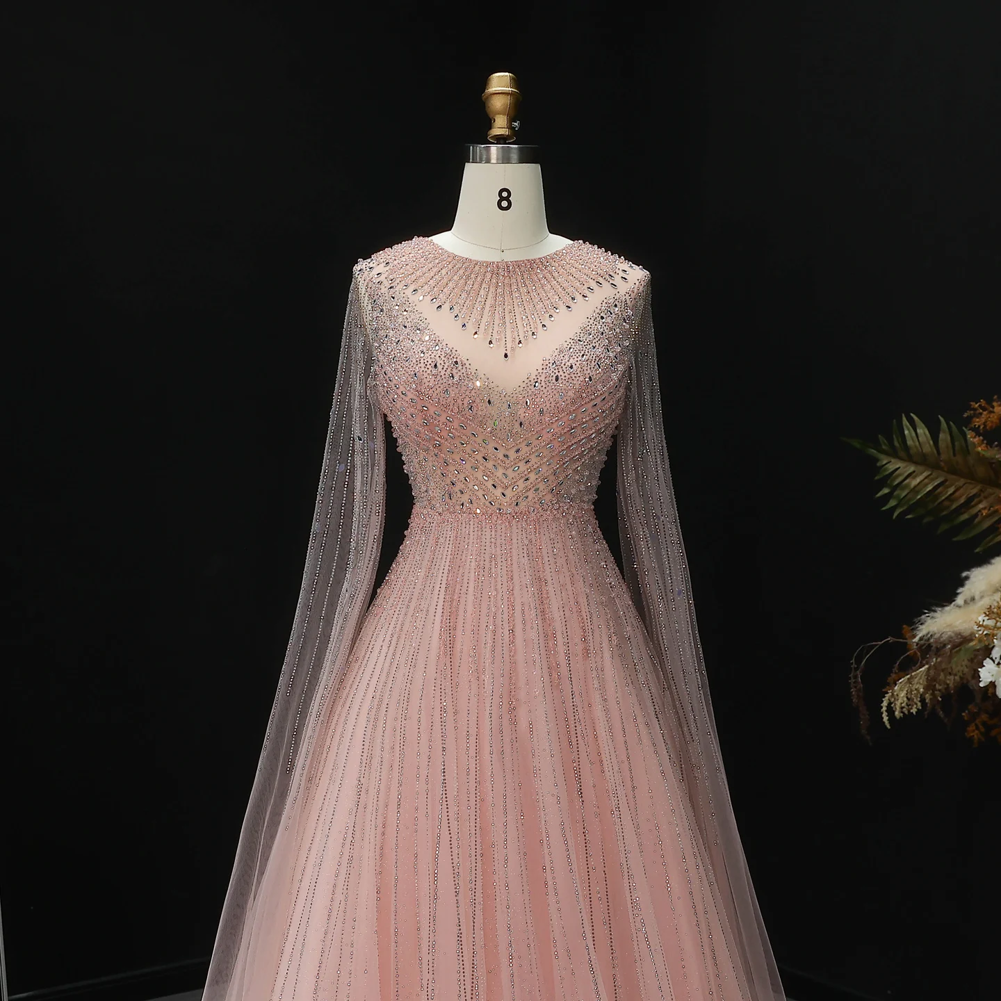 Sharon Said Luxuriöse Dubai Perlen-Kristall-Tüll-Abendkleider Elegante Cape-Ärmel Formelle Ballkleider SS054 Maßanfertigung – Detail 12