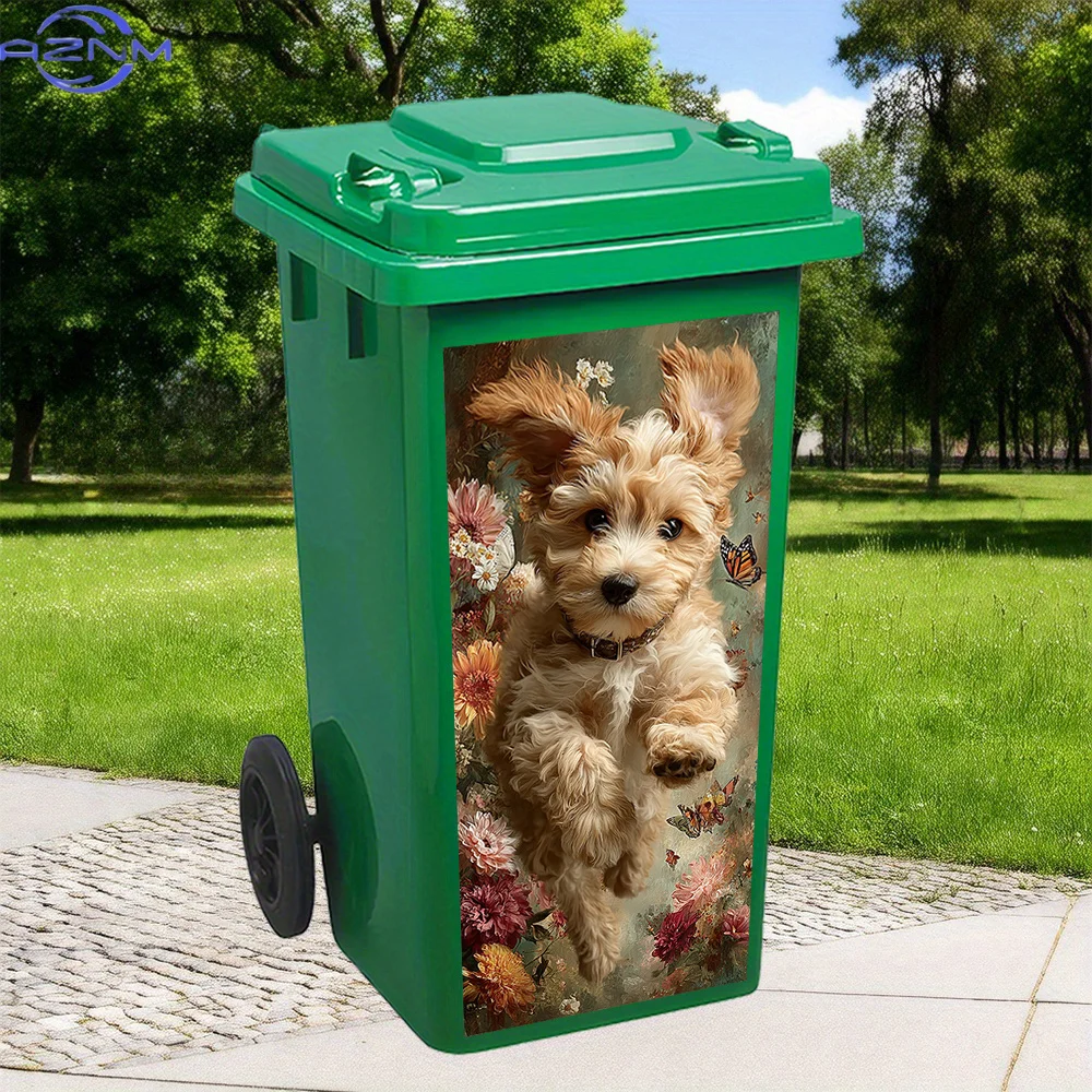 2D Flat Printing 1pc Trash Can Sticker , Cute Dog Leaping Among Flowers Theme Design, Self-Adhesive Decorative Wallpaper for K