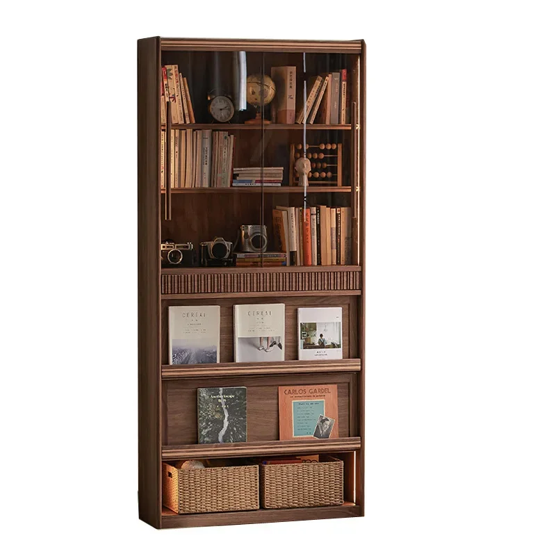 Solid wood combination bookcase Floor-to-ceiling bookshelf Black walnut living room glass dust-proof display cabinet