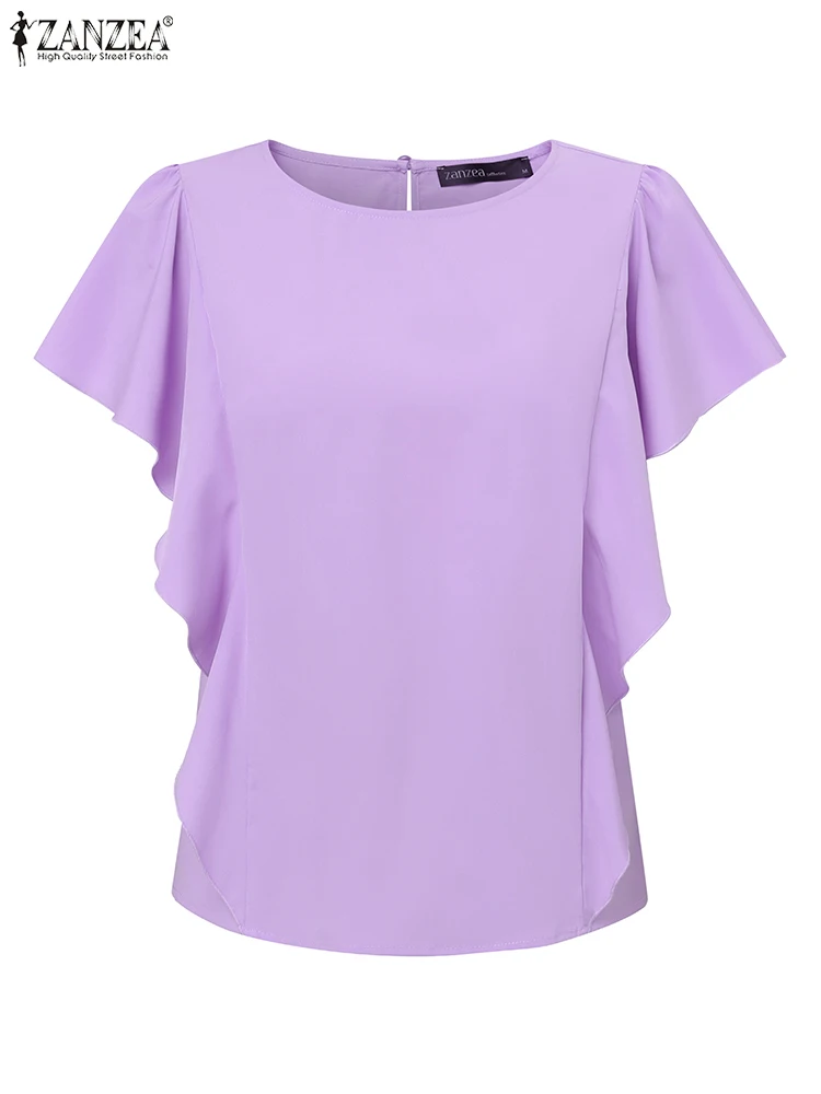 

ZANZEA Woman O-Neck Blouses Solid Color Ruffle Sleeve Casual Korean Fashion Tops Elegant 2025 Summer Day Wear Blusas Mujer