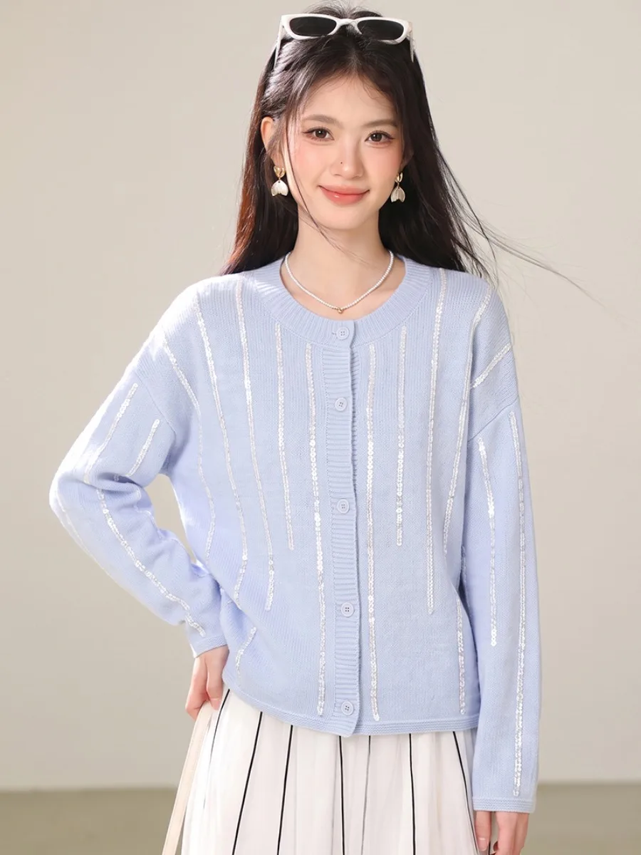 Thin Loose Knitted Outerwear Women's round Neck Orange Striped Shiny Thread Embroidered Long Sleeve Single Button Sweater Car...