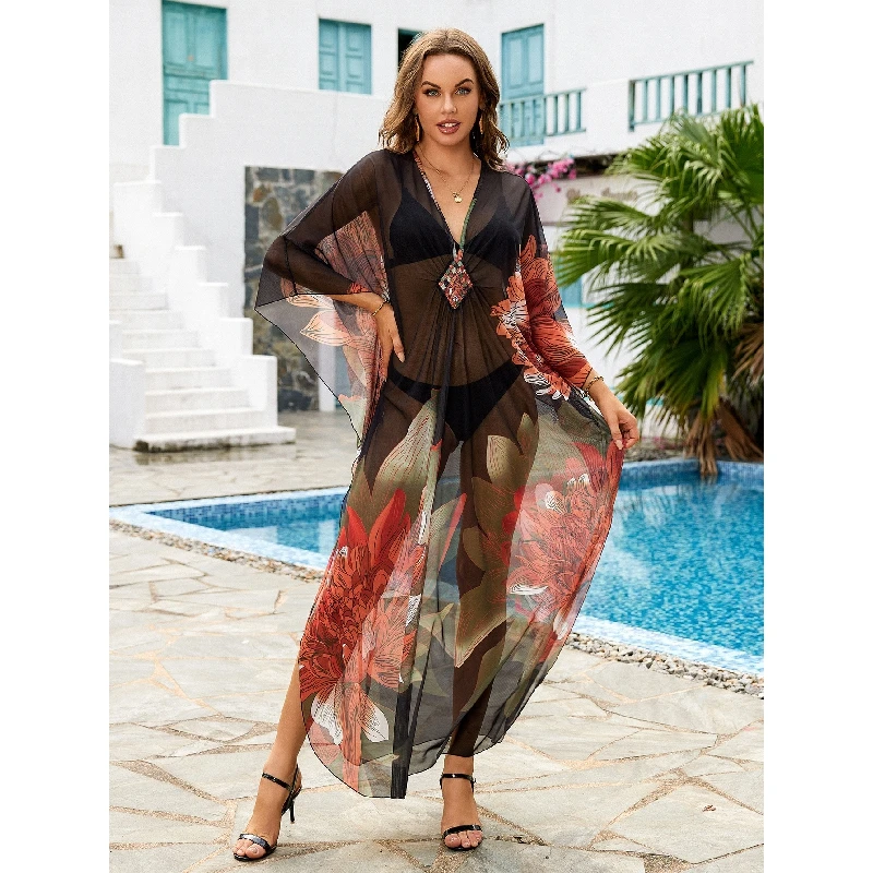 Robe de plage en maille à fleurs pour femmes, cover-up sexy pour maillots de bain, kaftan transparent pour les vacances, offre spéciale, livraison directe