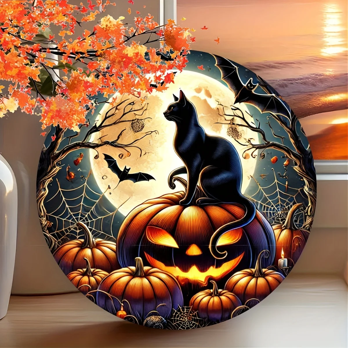 Halloween-Themed Round Vintage Metal Sign, Measuring 19.99X19.99 cm, Featuring a Retro Cat And Pumpkin Design, Suitable for Both