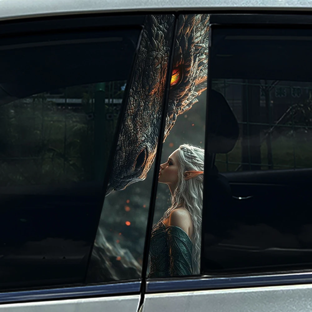2PCS Elf Princess & Dragon Car B Pillar Sticker, Waterproof Vinyl Window Decal, Universal Auto Decor Accessory